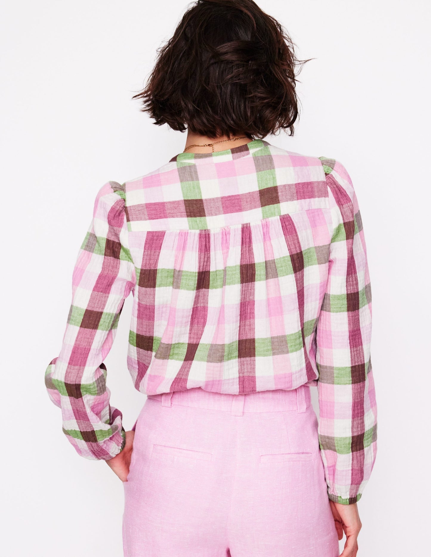 Gingham Double Cloth Top-Pink and Green Gingham
