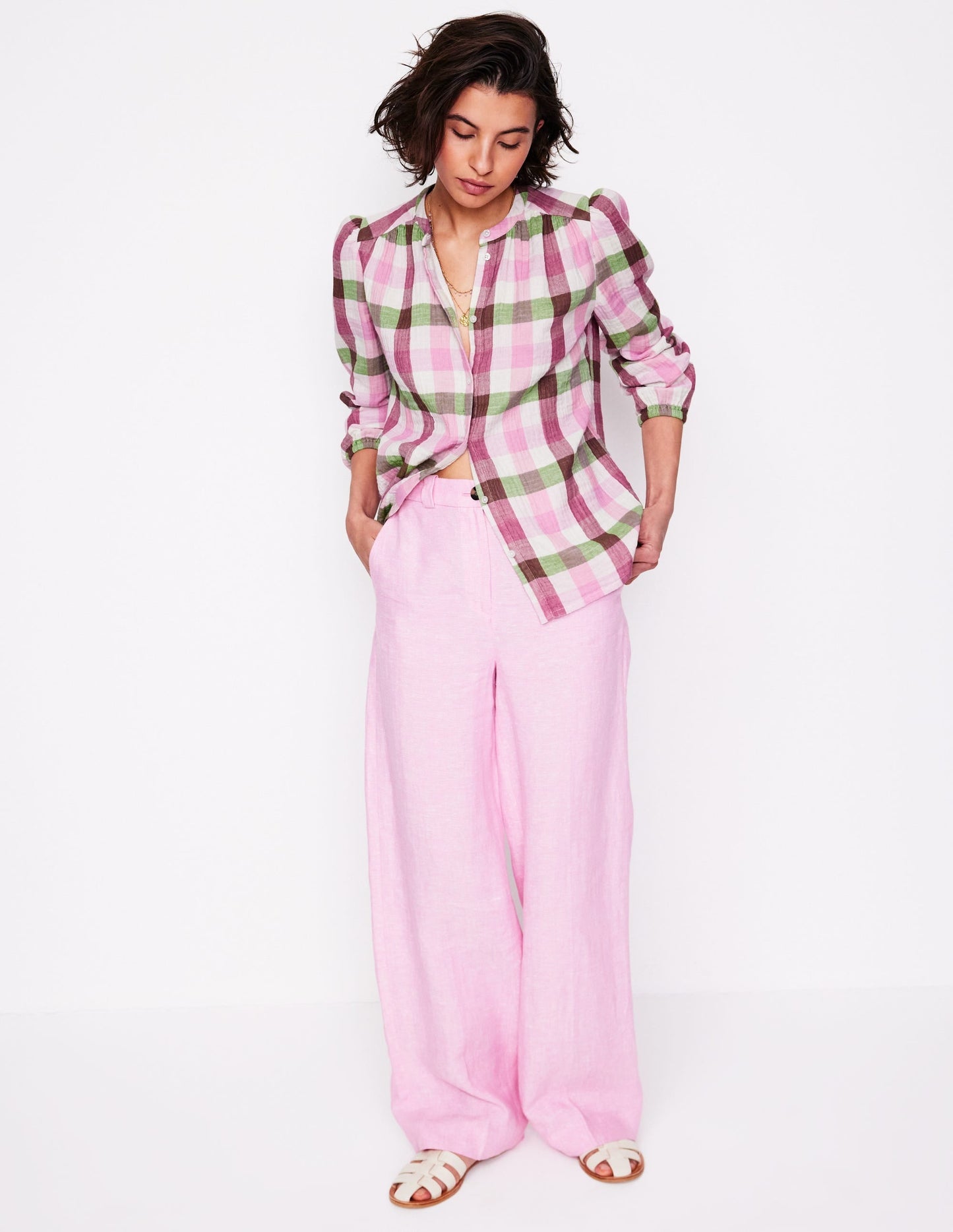 Gingham Double Cloth Top-Pink and Green Gingham