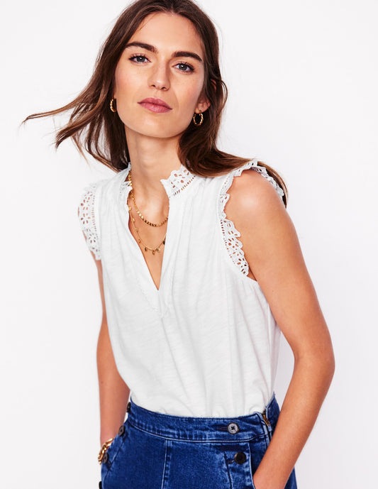 Aria Broderie Trim Vest-White