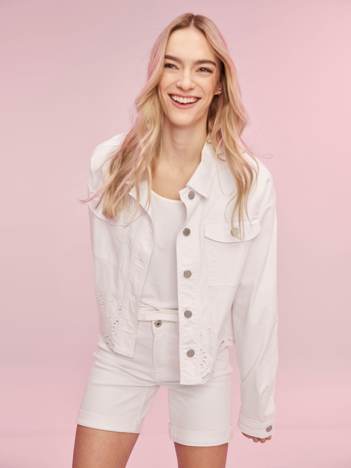 Twill Scalloped Eyelet Jacket - White
