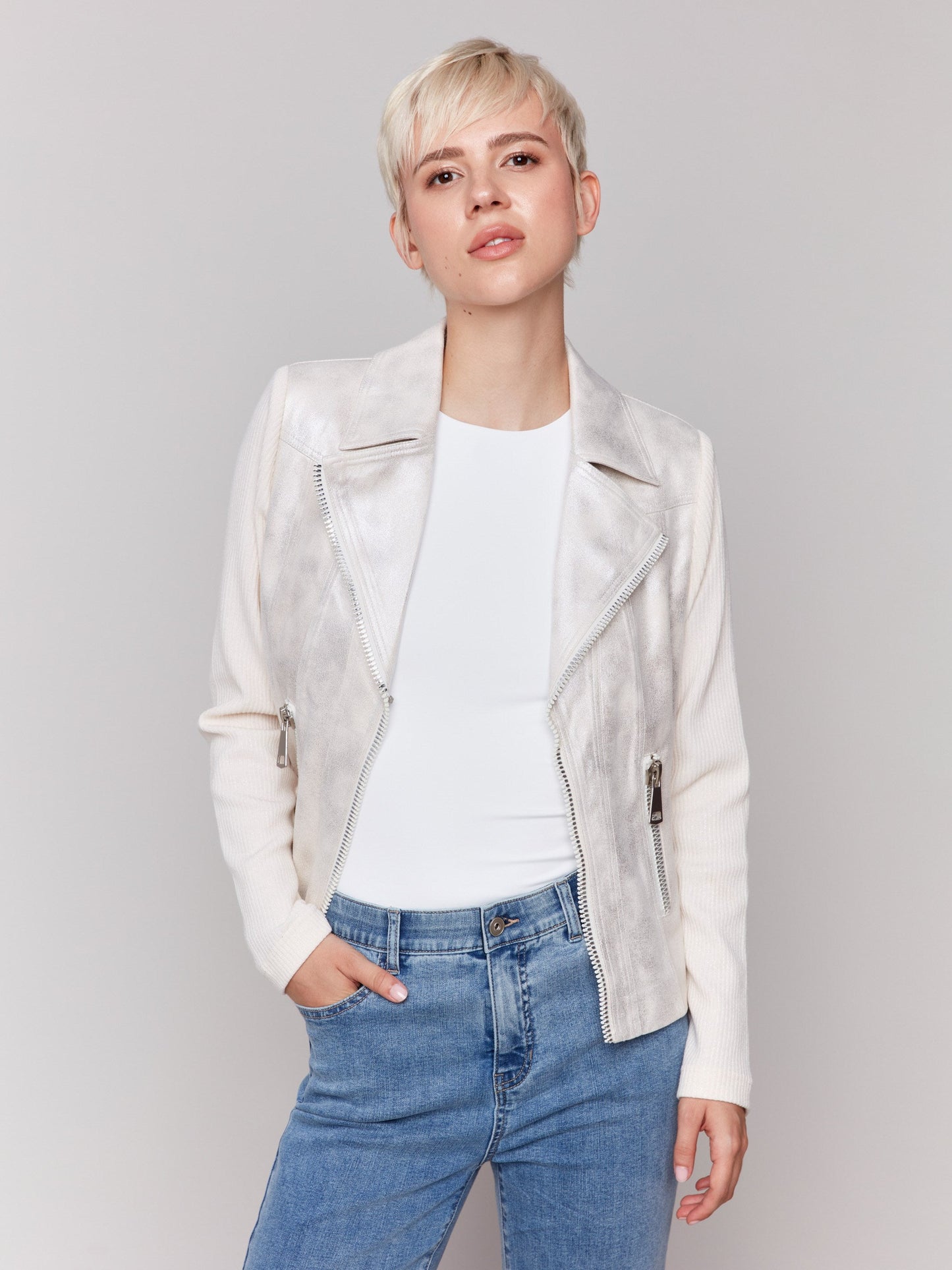 Foiled Faux Leather and Rib Knit Jacket - Champagne