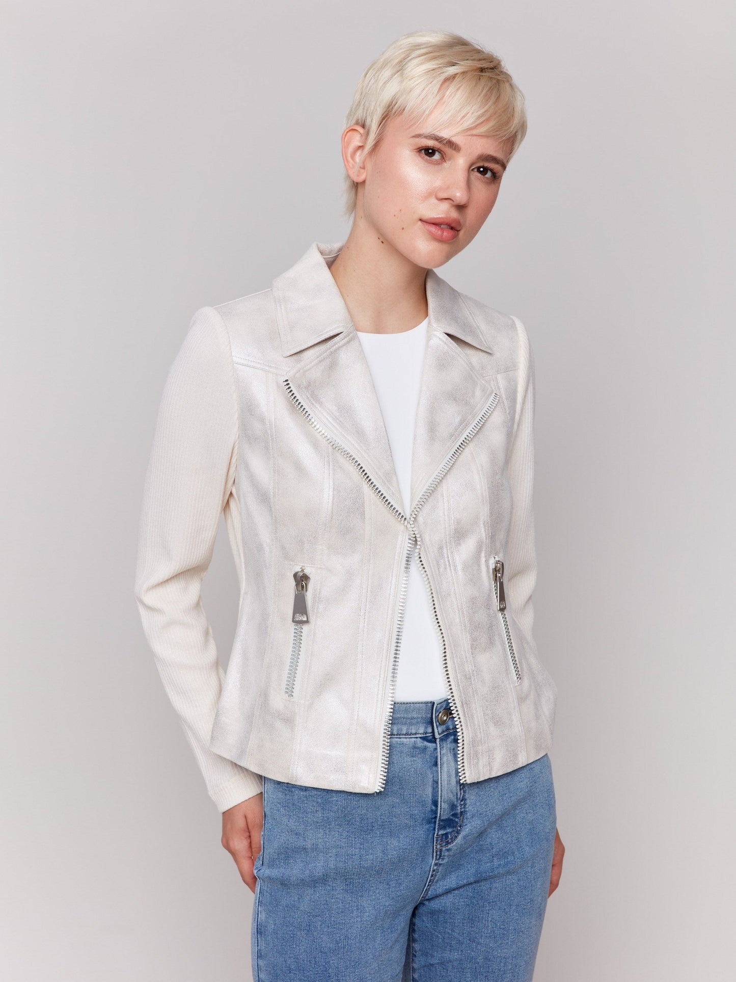 Foiled Faux Leather and Rib Knit Jacket - Champagne
