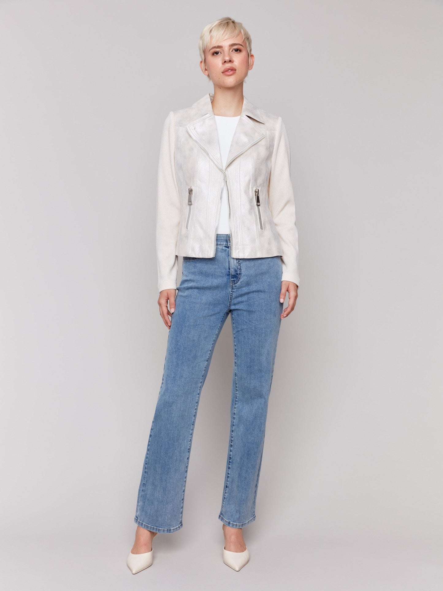 Foiled Faux Leather and Rib Knit Jacket - Champagne