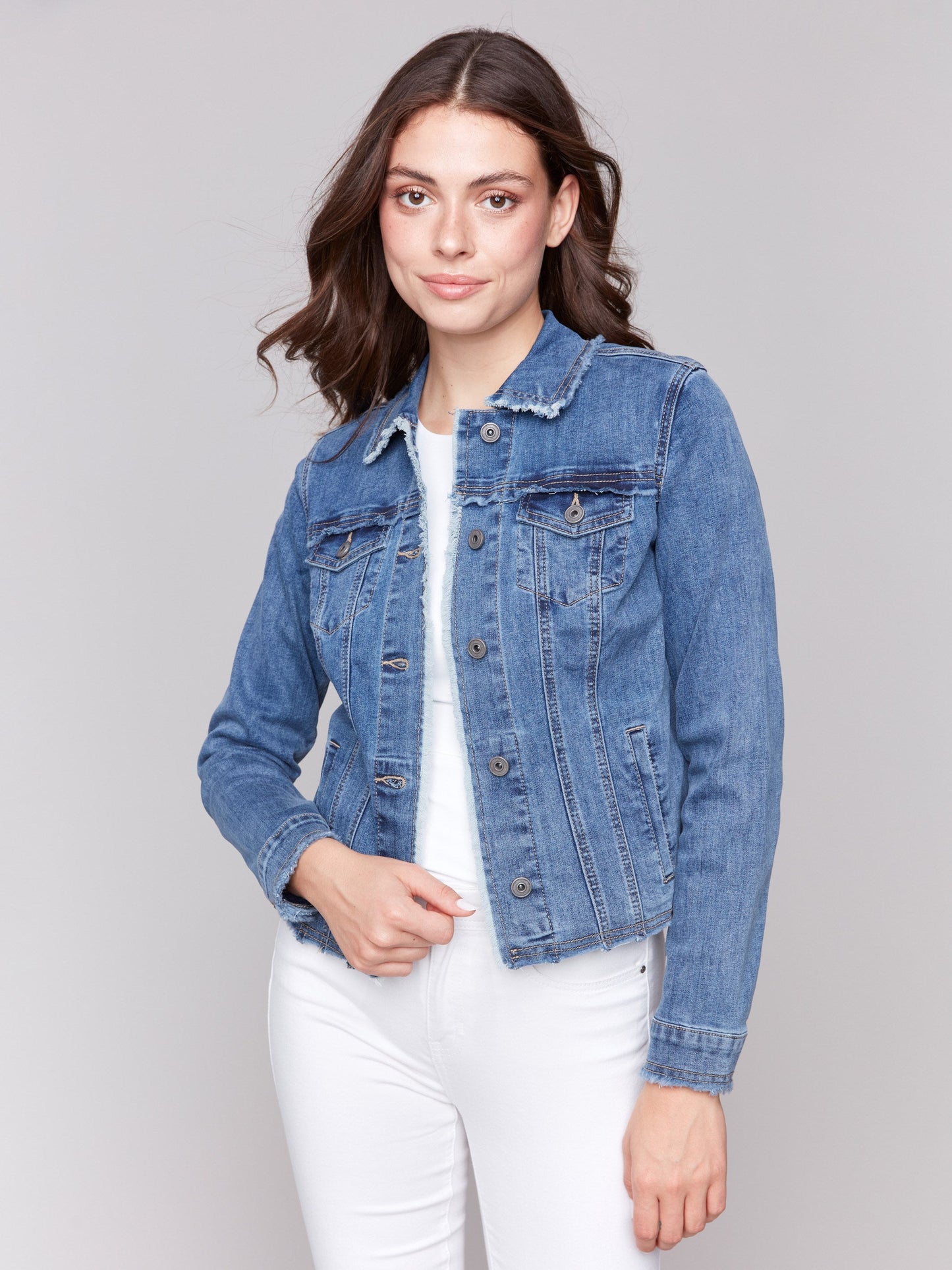Frayed Edge Stretch Denim Jacket - Medium Blue
