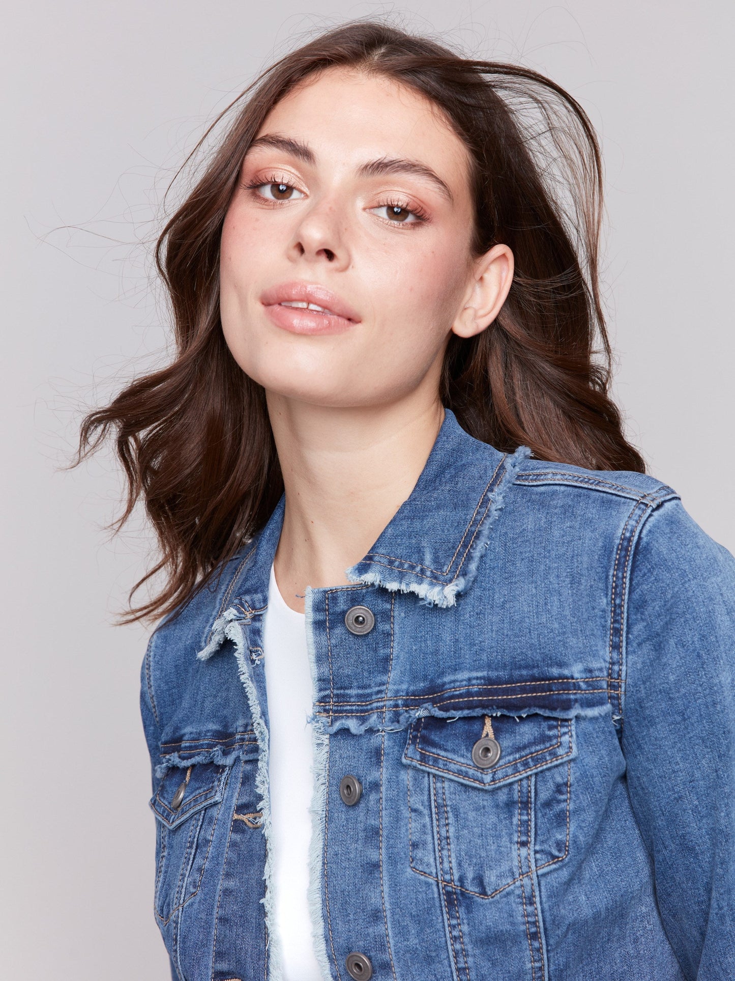 Frayed Edge Stretch Denim Jacket - Medium Blue