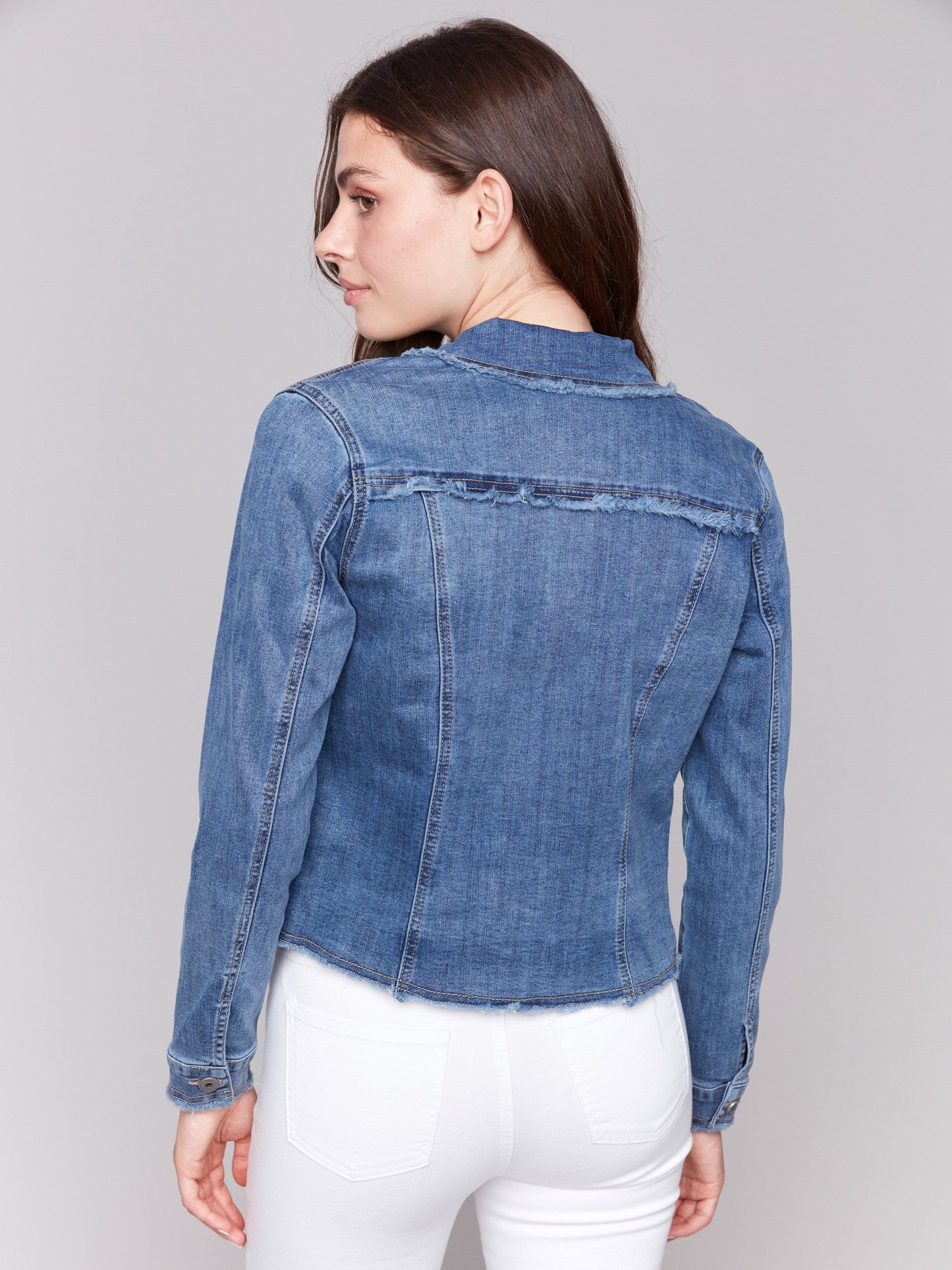 Frayed Edge Stretch Denim Jacket - Medium Blue