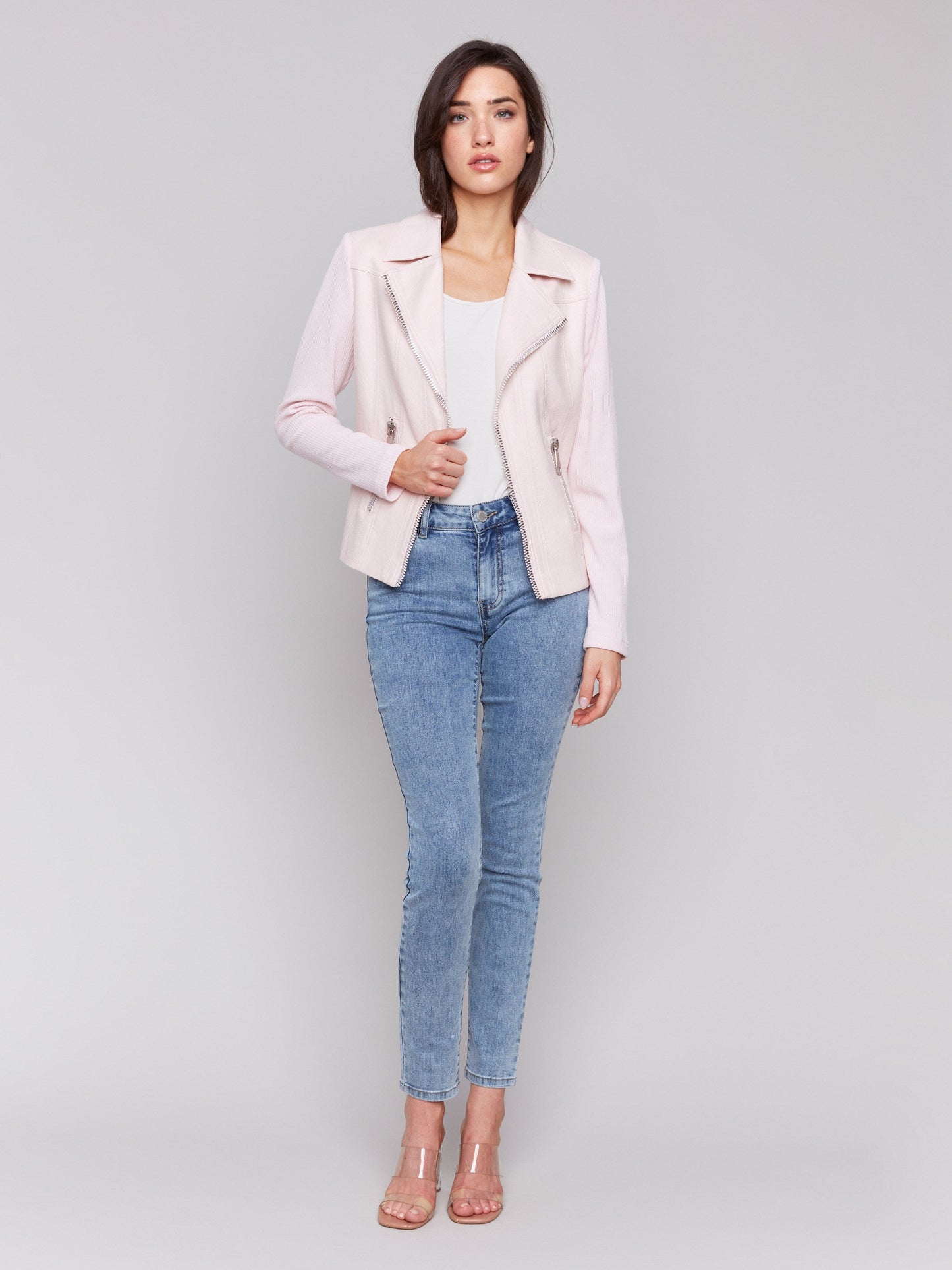 Vintage Faux Leather and Rib Knit Jacket - Petal