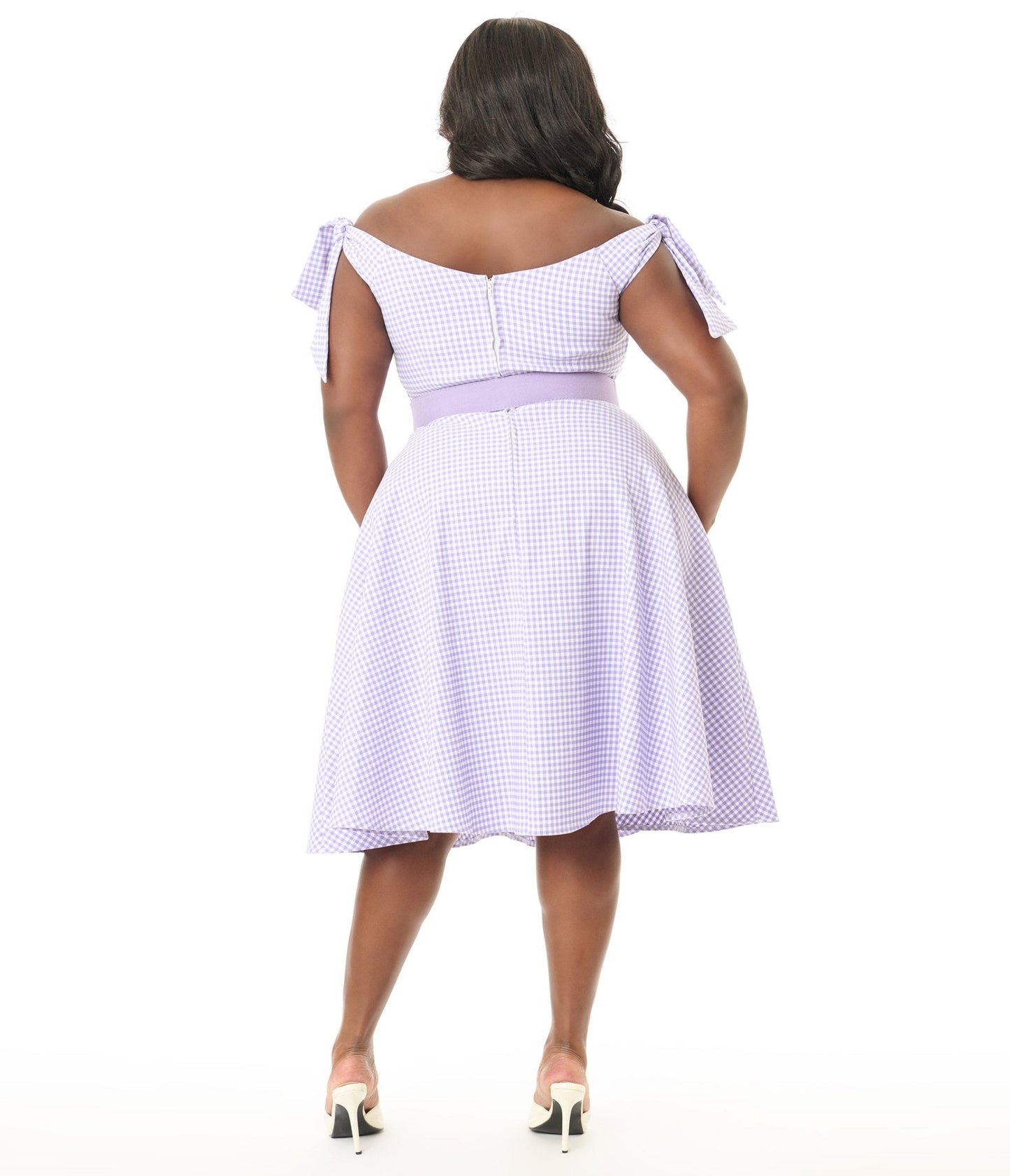 Unique Vintage Plus Size Lavender & White Gingham Off The Shoulder Swing Dress