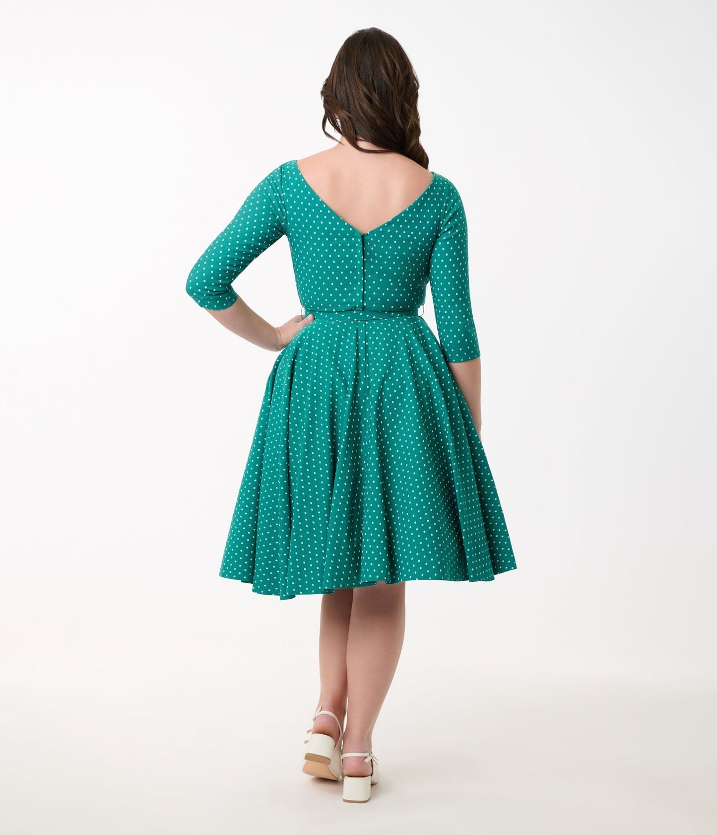 Unique Vintage Teal & White Pin Dot Devon Swing Dress