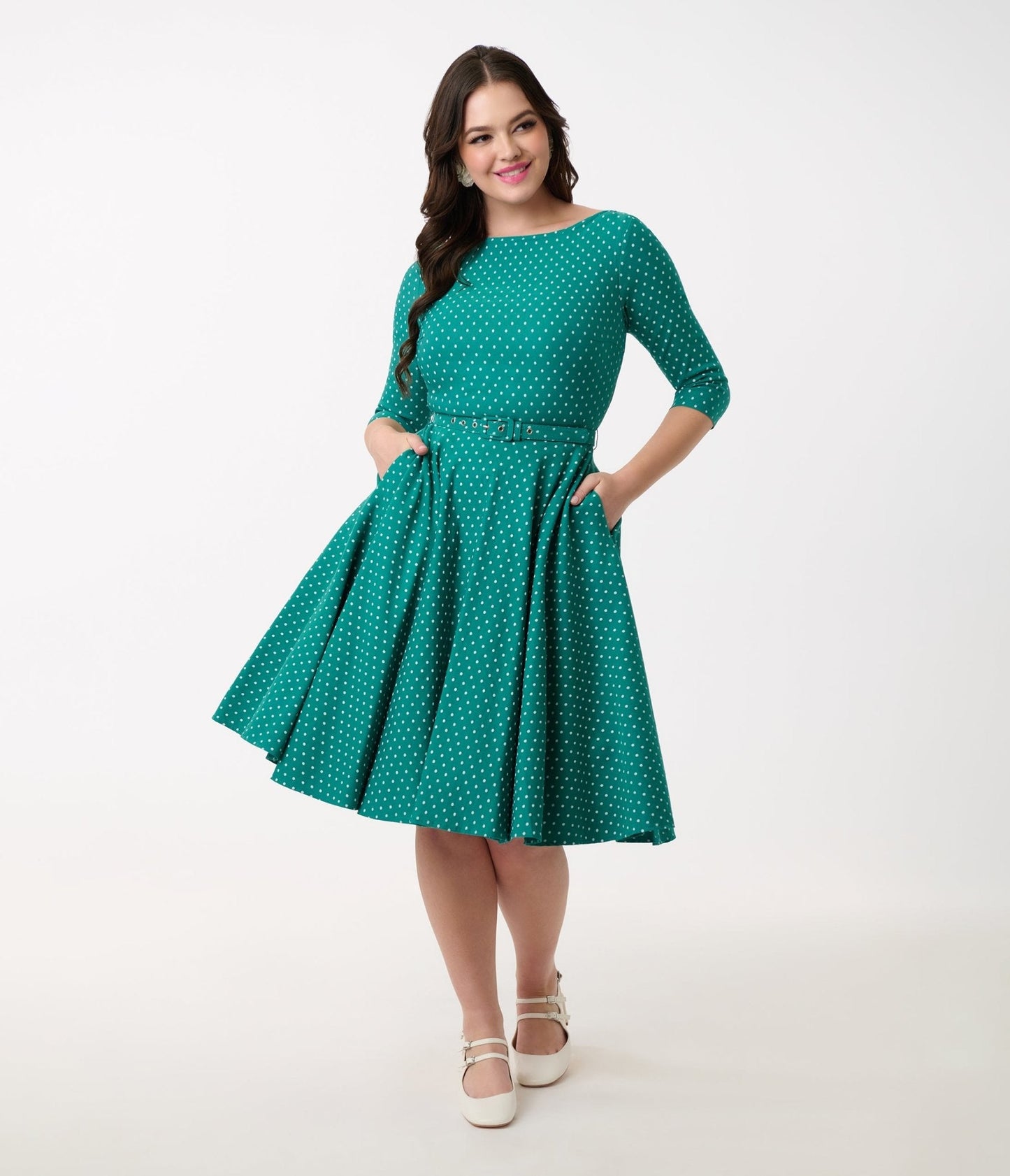 Unique Vintage Teal & White Pin Dot Devon Swing Dress