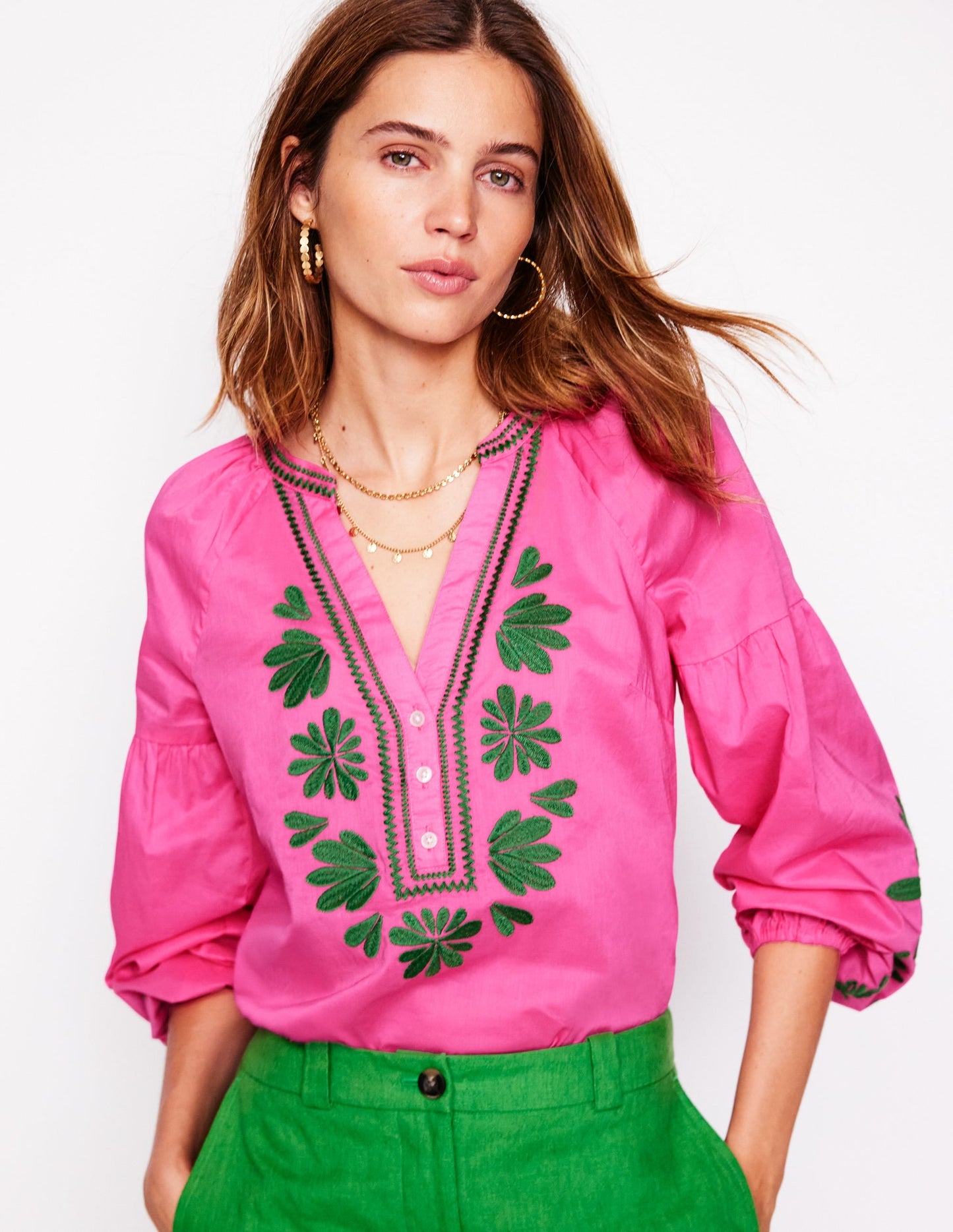 Raglan Embroidered Cotton Top-Sorbet Pink