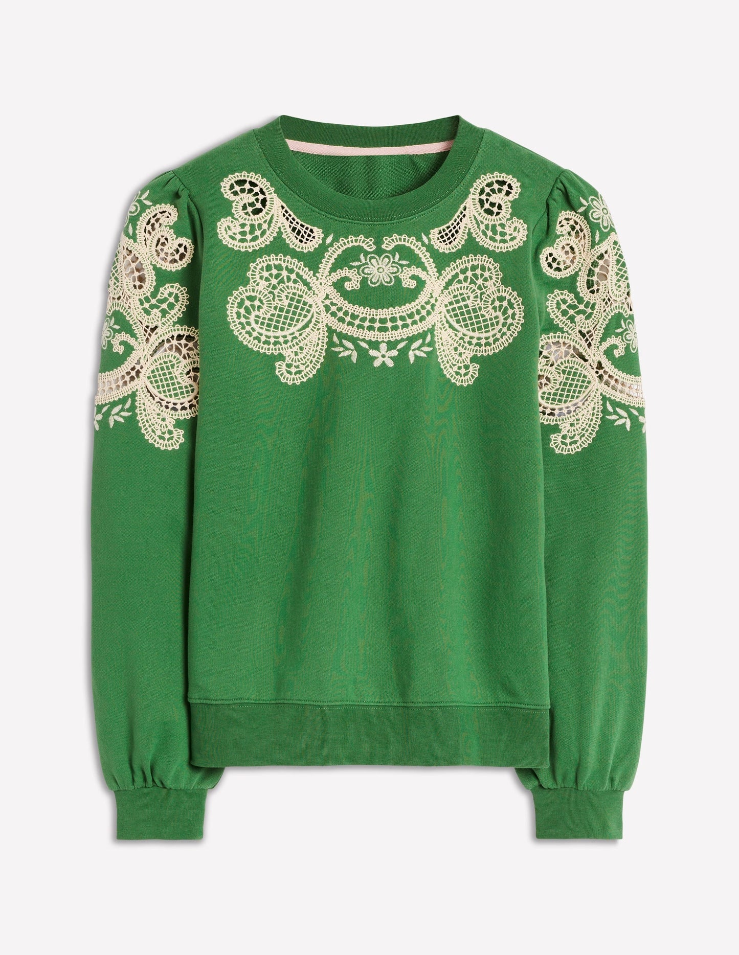 Puff Sleeve Cutwork Sweatshirt-Paradise Green