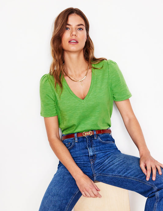 Short Sleeve V Neck T-shirt-Aloe Green