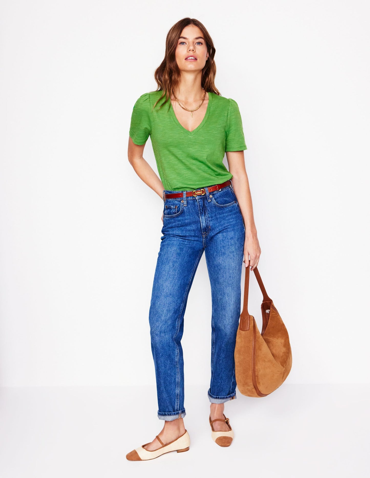 Short Sleeve V Neck T-shirt-Aloe Green
