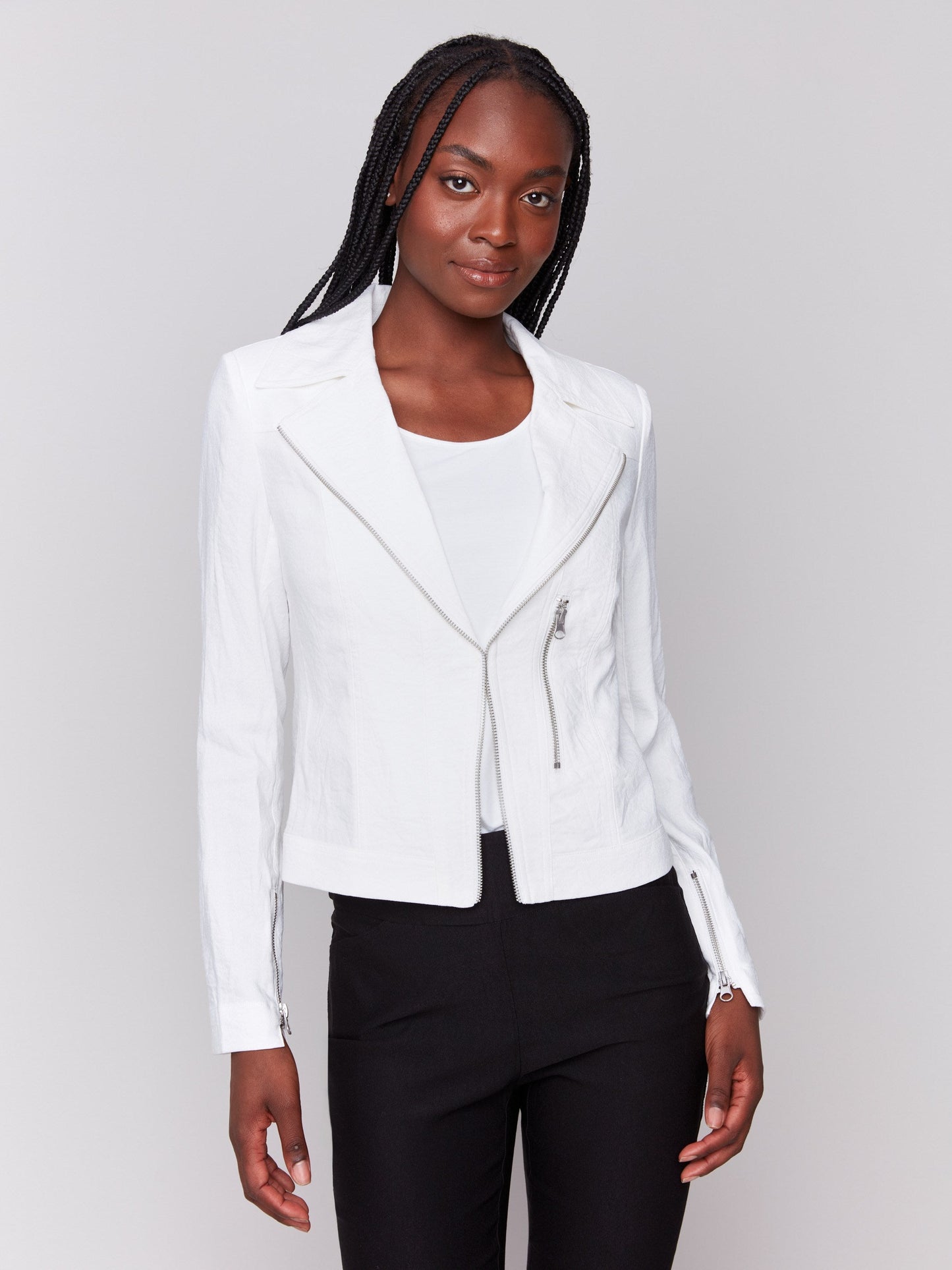 Crinkle Rayon Biker Jacket - White
