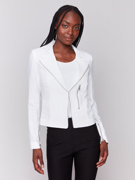 Crinkle Rayon Biker Jacket - White