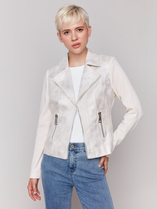 Foiled Faux Leather and Rib Knit Jacket - Champagne