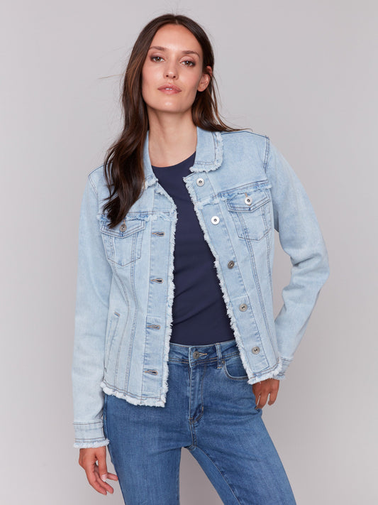Frayed Edge Stretch Denim Jacket - Bleach Blue