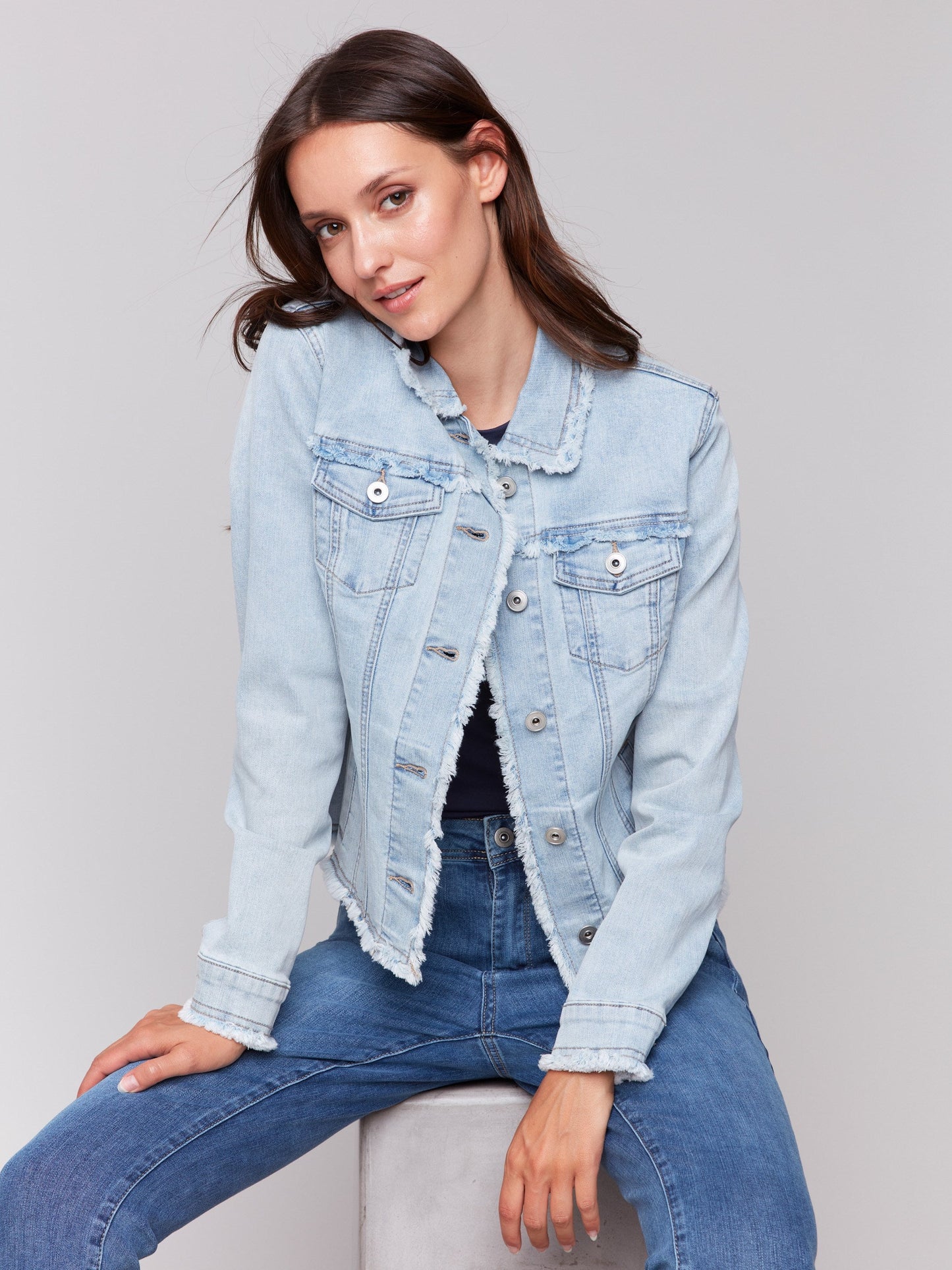Frayed Edge Stretch Denim Jacket - Bleach Blue