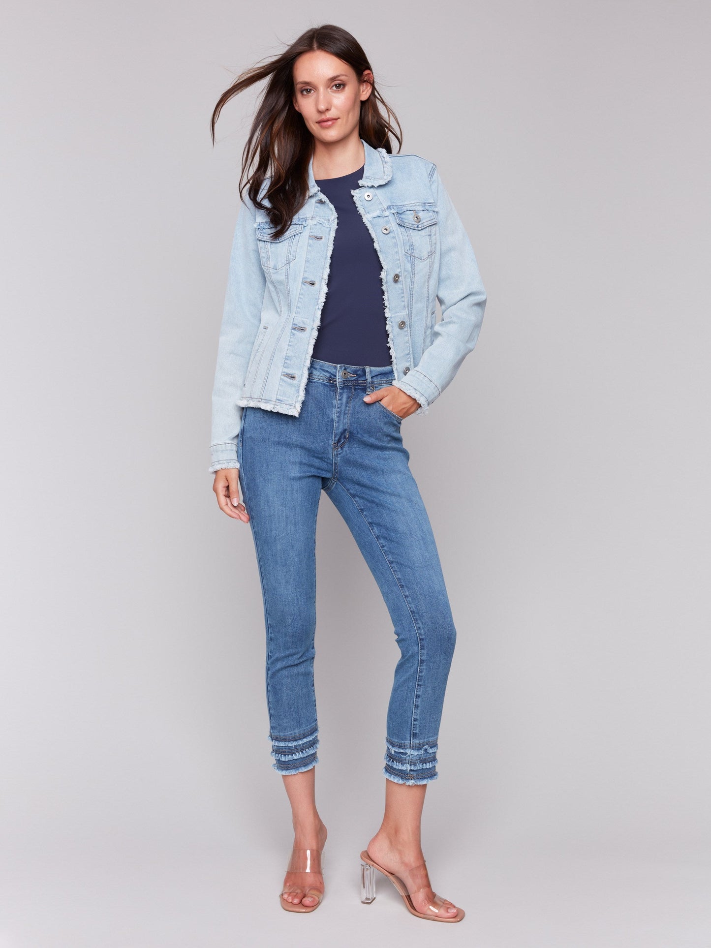 Frayed Edge Stretch Denim Jacket - Bleach Blue