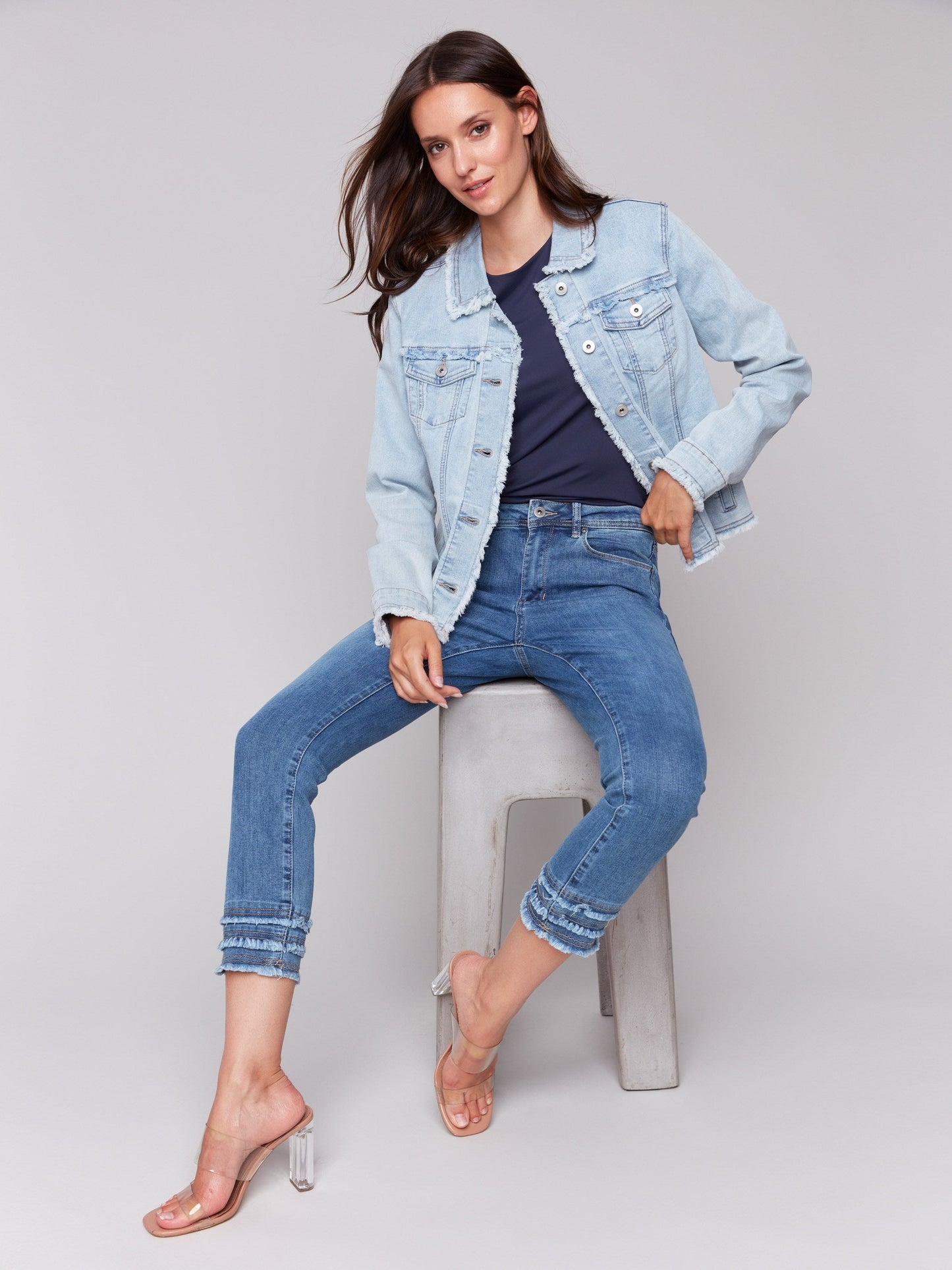 Frayed Edge Stretch Denim Jacket - Bleach Blue