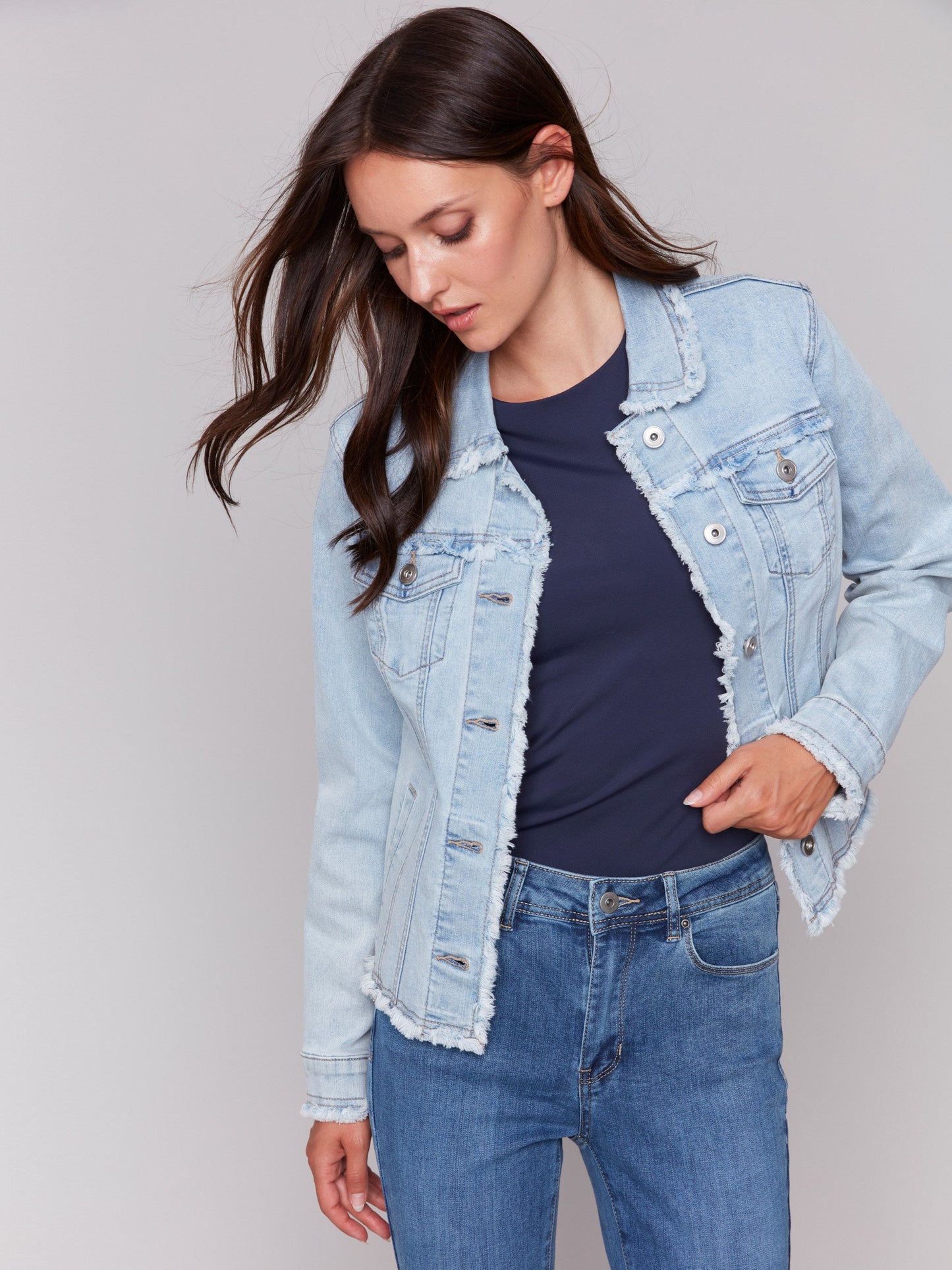 Frayed Edge Stretch Denim Jacket - Bleach Blue