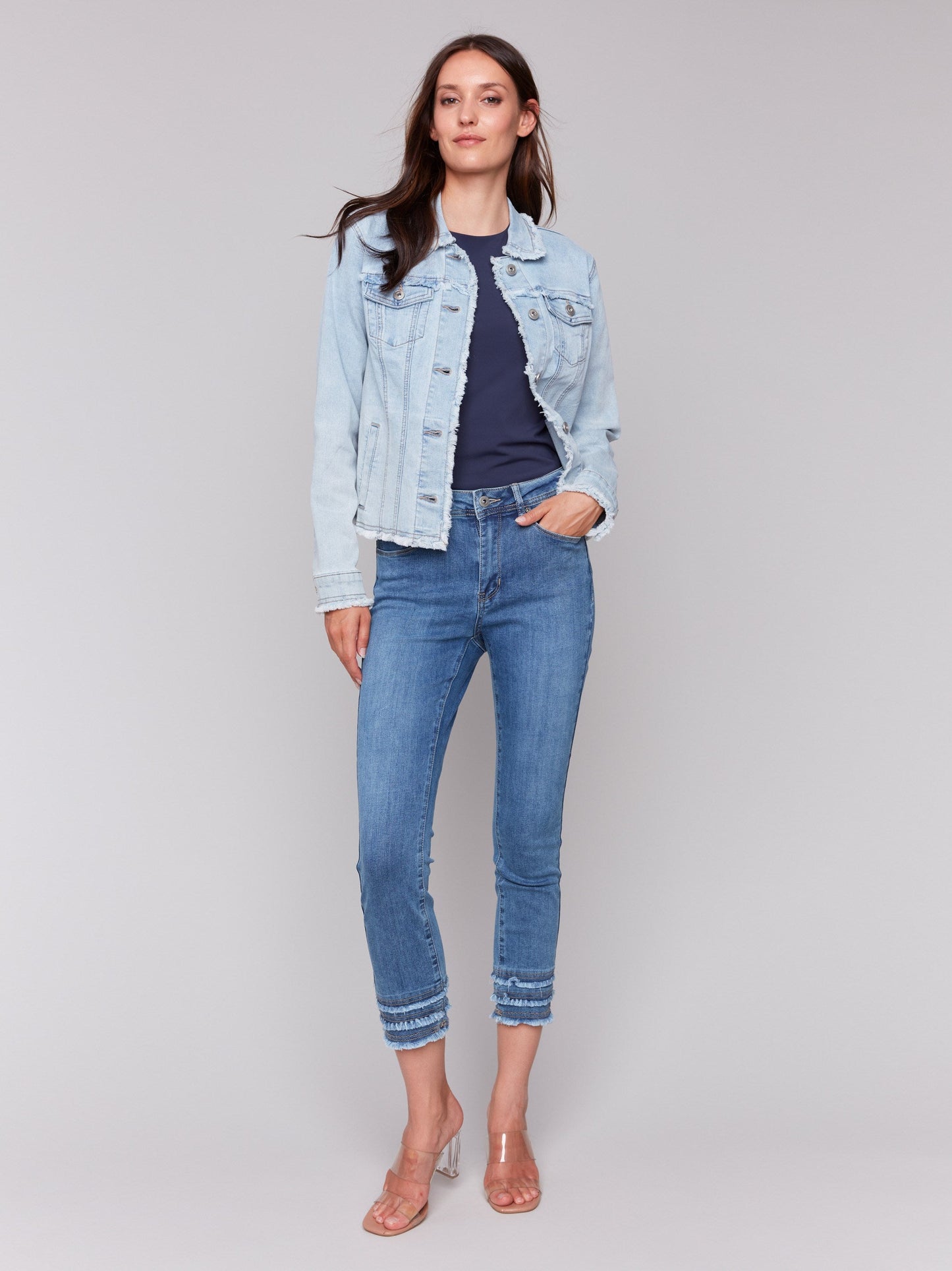 Frayed Edge Stretch Denim Jacket - Bleach Blue