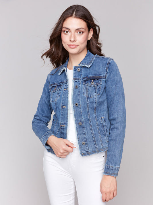 Frayed Edge Stretch Denim Jacket - Medium Blue