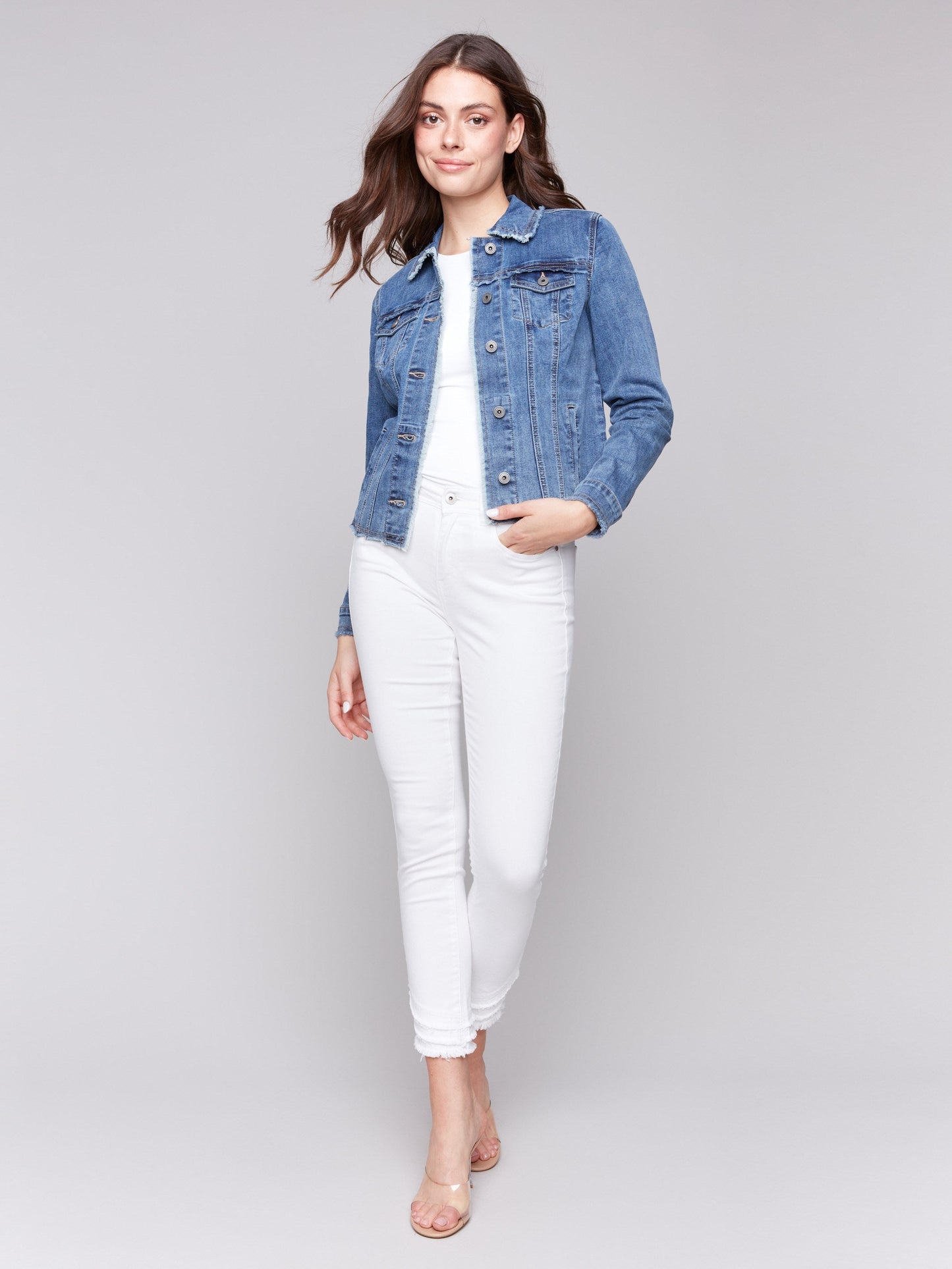 Frayed Edge Stretch Denim Jacket - Medium Blue