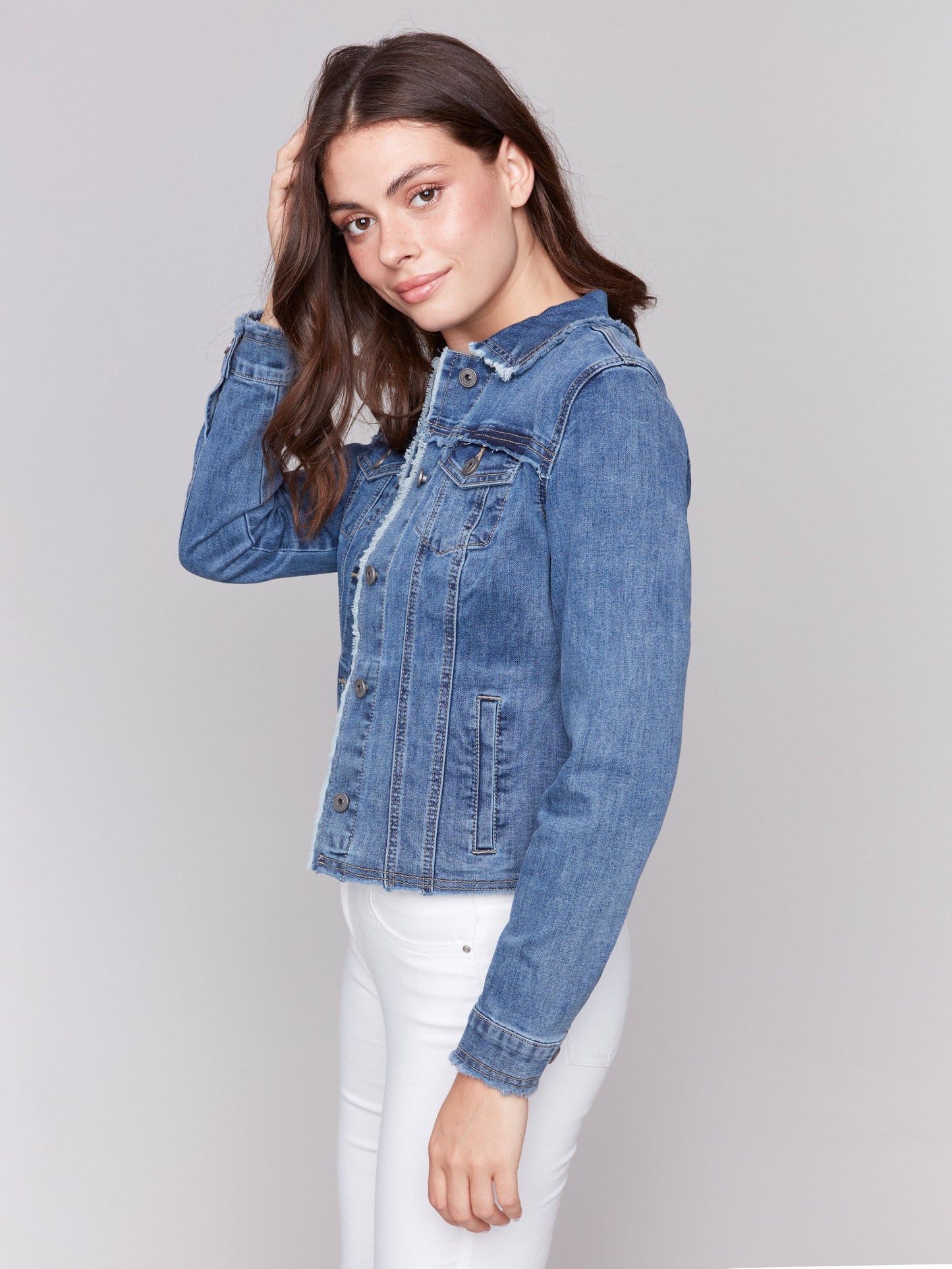 Frayed Edge Stretch Denim Jacket - Medium Blue