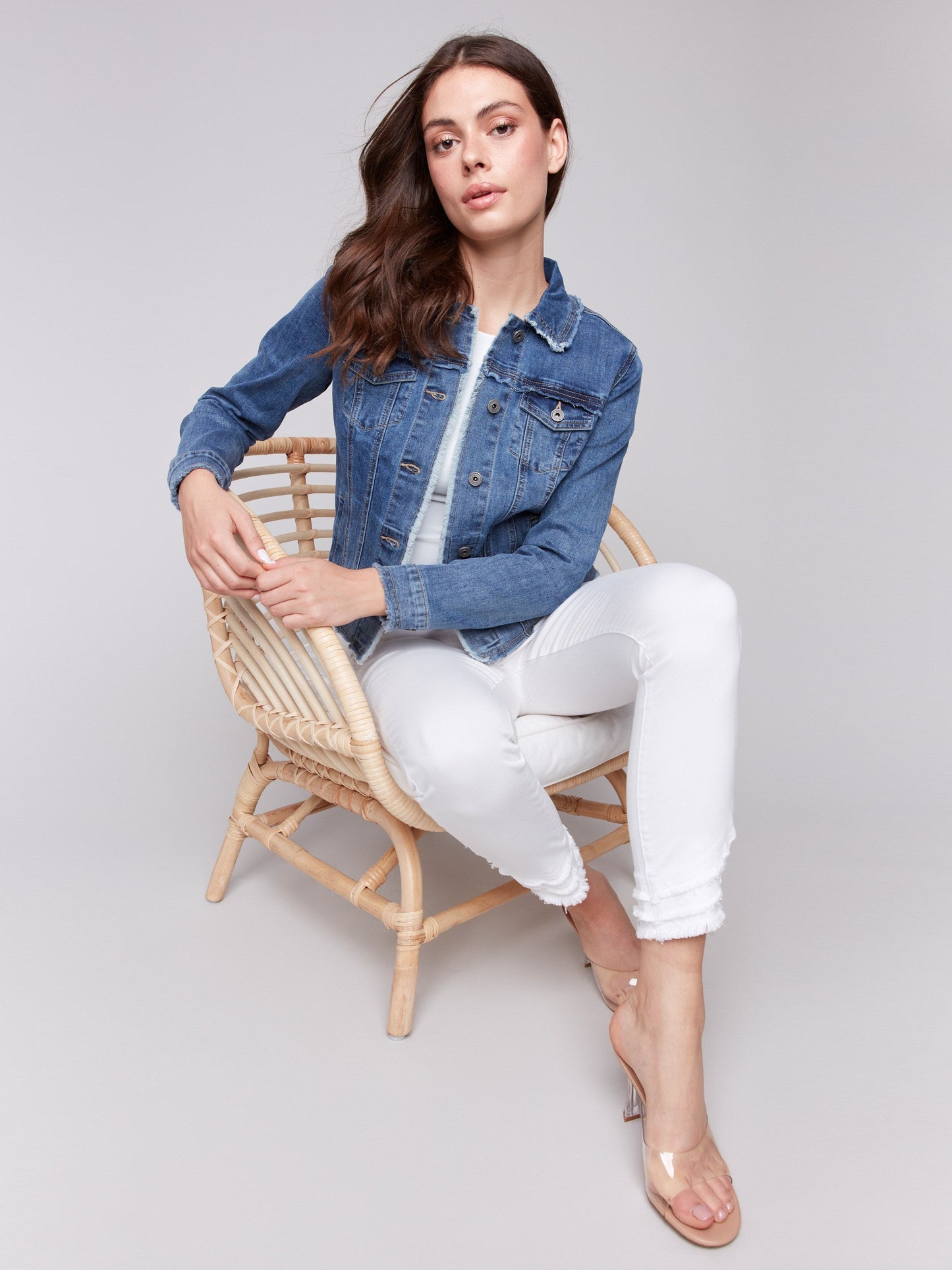 Frayed Edge Stretch Denim Jacket - Medium Blue