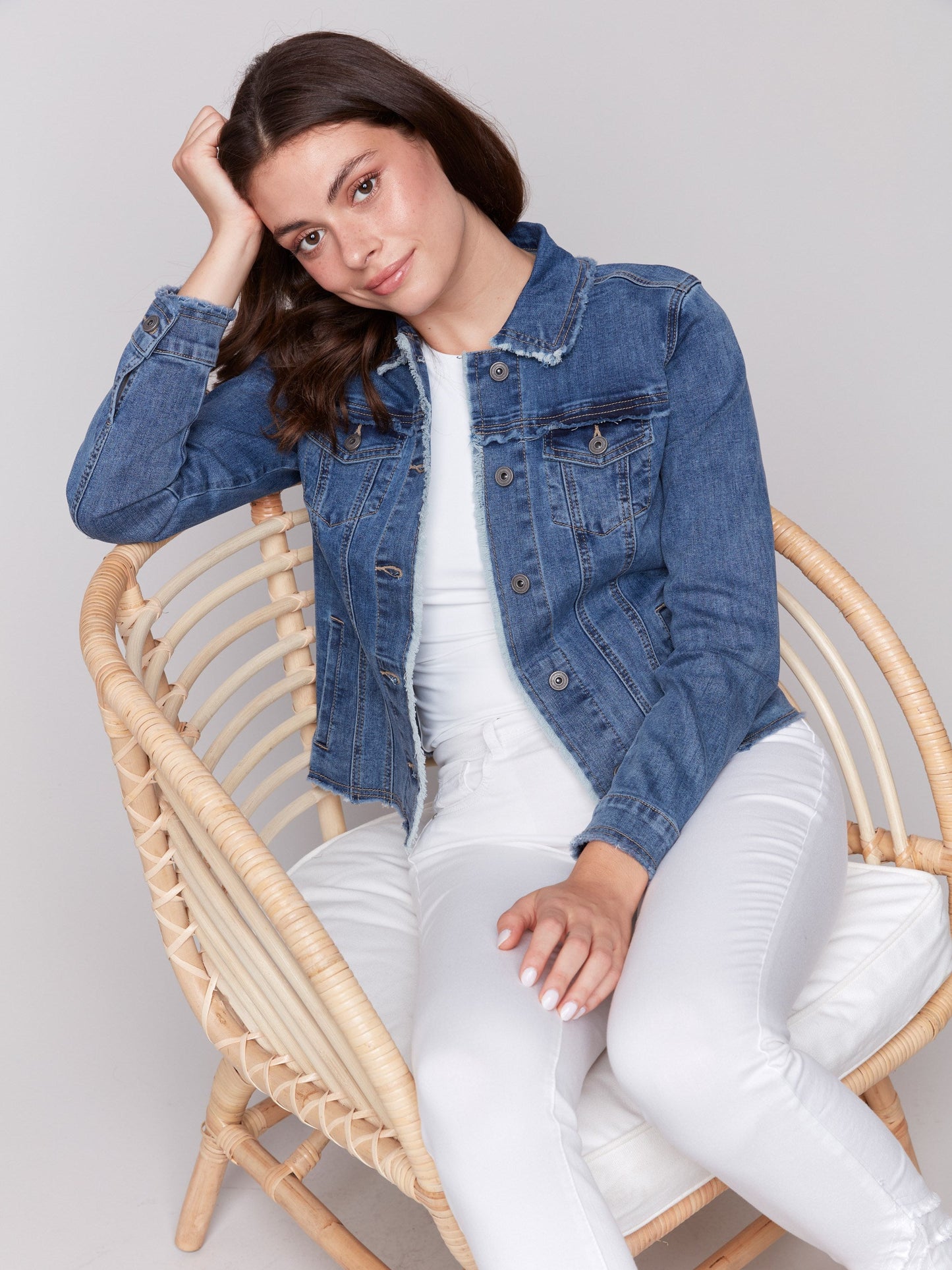 Frayed Edge Stretch Denim Jacket - Medium Blue