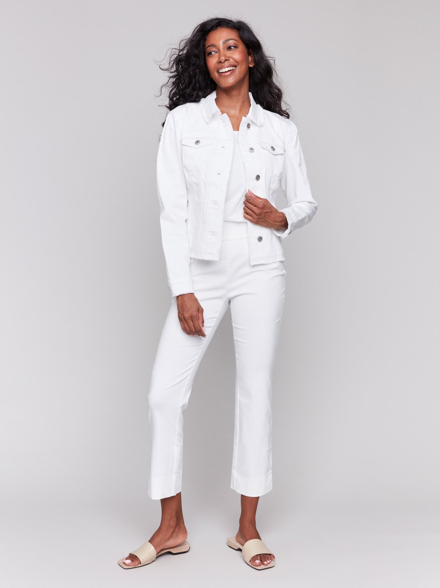 Twill Jean Jacket With Frayed Edges - White