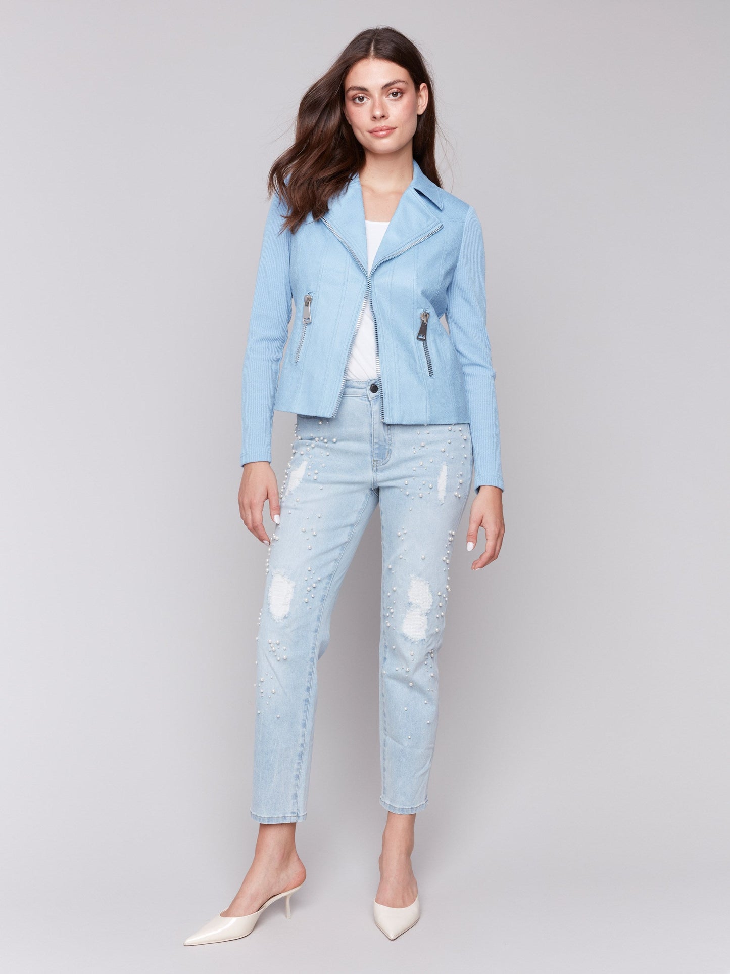 Vintage Faux Leather and Rib Knit Jacket - Bluebell