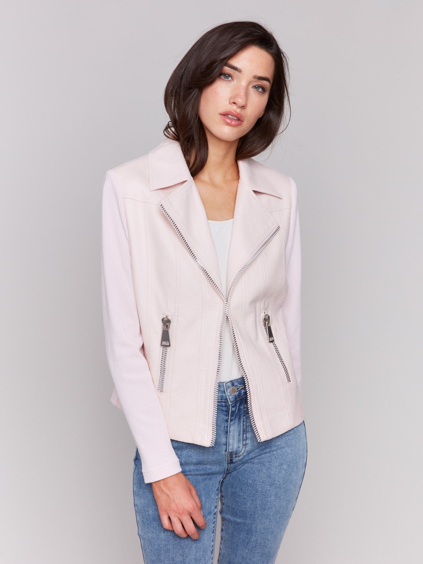 Vintage Faux Leather and Rib Knit Jacket - Petal