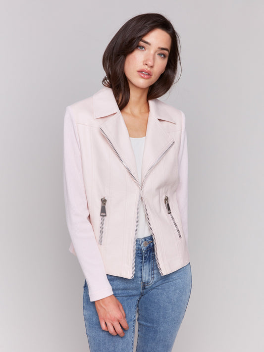 Vintage Faux Leather and Rib Knit Jacket - Petal