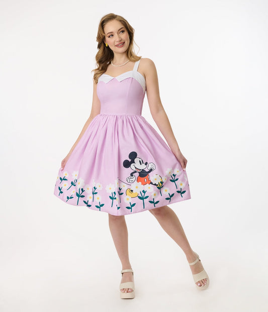 Disney Mickey & Friends Collection by Unique Vintage Lavender & Floral Mickey Border Cotton Swing Dress