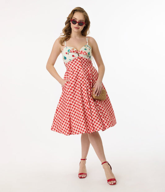 Disney Mickey & Friends Collection by Unique Vintage Red Gingham Mickey Farm Print Swing Dress