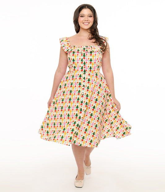 Magnolia Place Plus Size Multicolor Pear Print Cotton Barbara Swing Dress