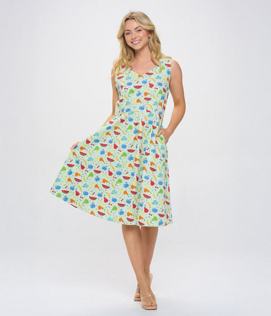 Multicolor Fruit Print Cotton Swing Dress