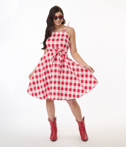 Orchid Bloom Red & White Plaid Picnic Swing Dress