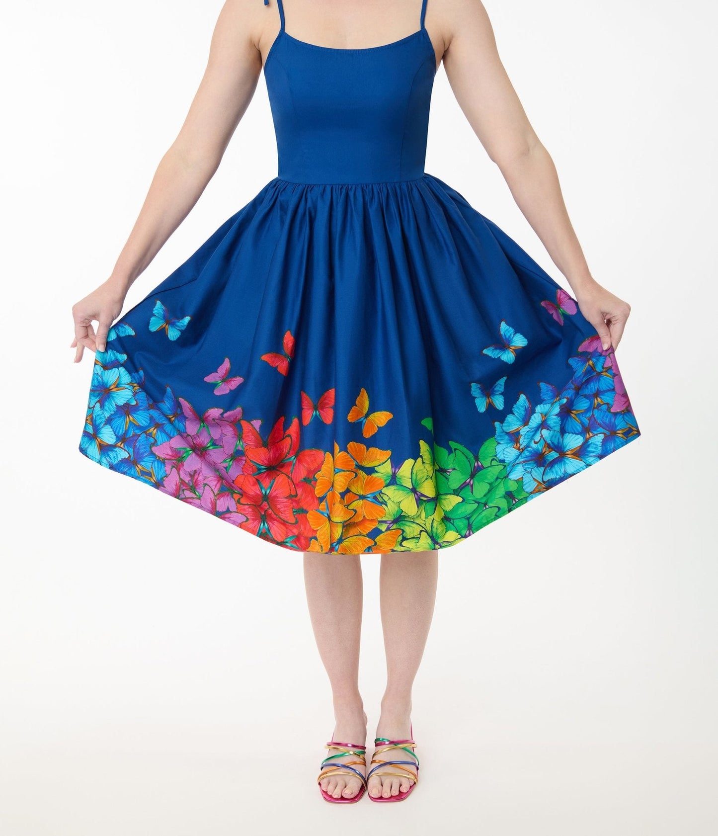 Unique Vintage Rainbow Butterfly Cotton Bobbie Swing Dress