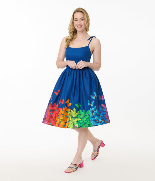 Unique Vintage Rainbow Butterfly Cotton Bobbie Swing Dress