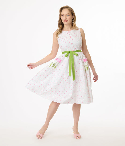 Smak Parlour Pink Pin Dot Tulip Sleeveless Swing Dress