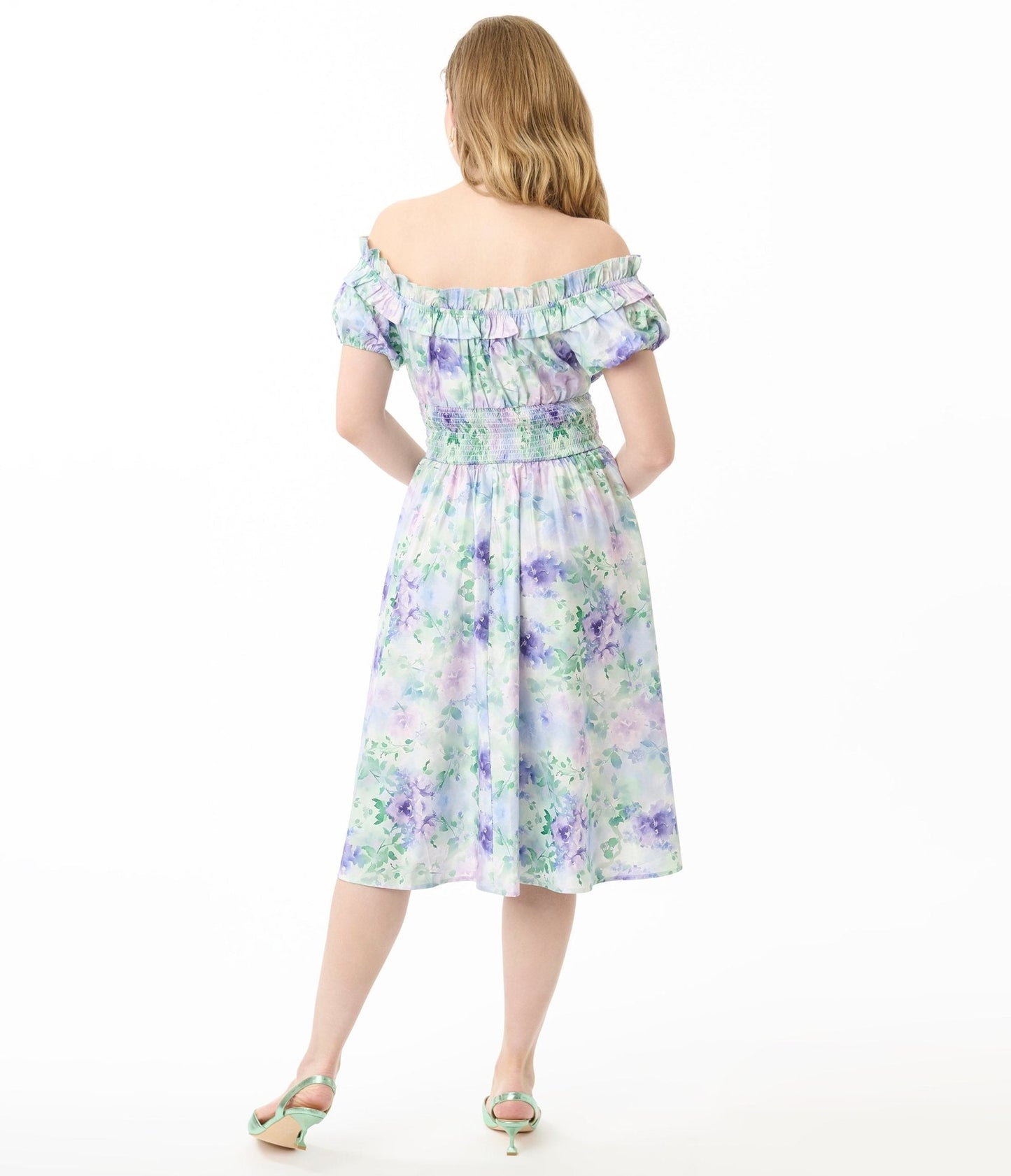 Unique Vintage 1950s Lavender Floral Off The Shoulder Ruffle Swing Dress