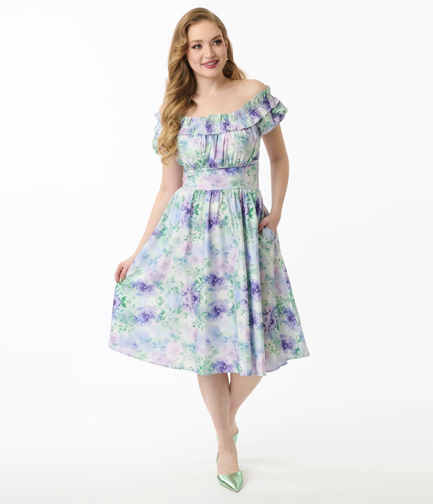 Unique Vintage 1950s Lavender Floral Off The Shoulder Ruffle Swing Dress