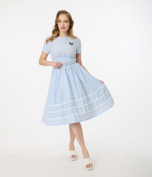 Unique Vintage 1950s Light Blue Cotton Swing Dress