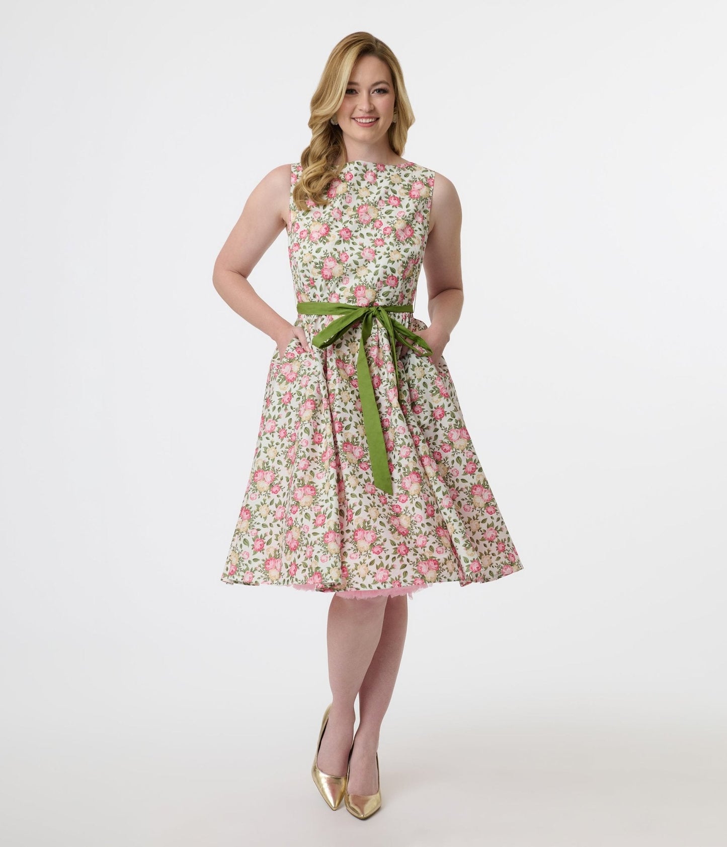 Unique Vintage 1950s Pink & Green Floral Sleeveless Cotton Swing Dress