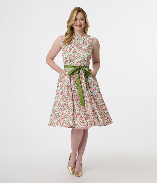 Unique Vintage 1950s Pink & Green Floral Sleeveless Cotton Swing Dress