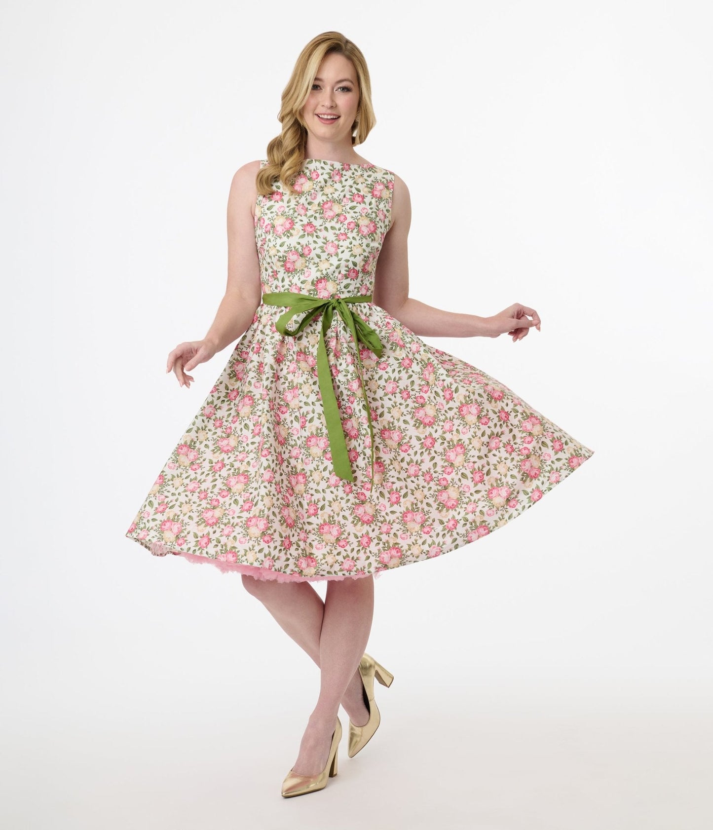 Unique Vintage 1950s Pink & Green Floral Sleeveless Cotton Swing Dress
